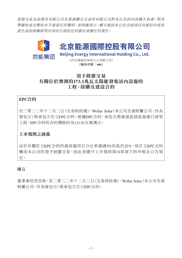 6.17億！北京能源國際簽訂173.1MW光伏EPC合約