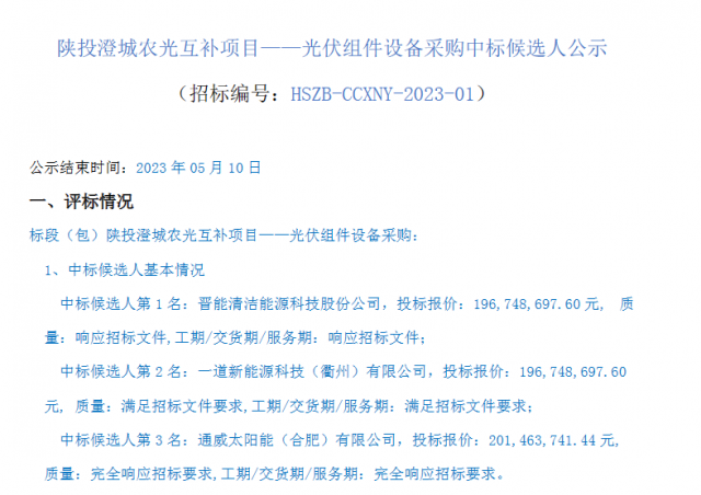 最低1.61元/W！這些企業(yè)擬中標陜投澄城農(nóng)光互補項目組件采購